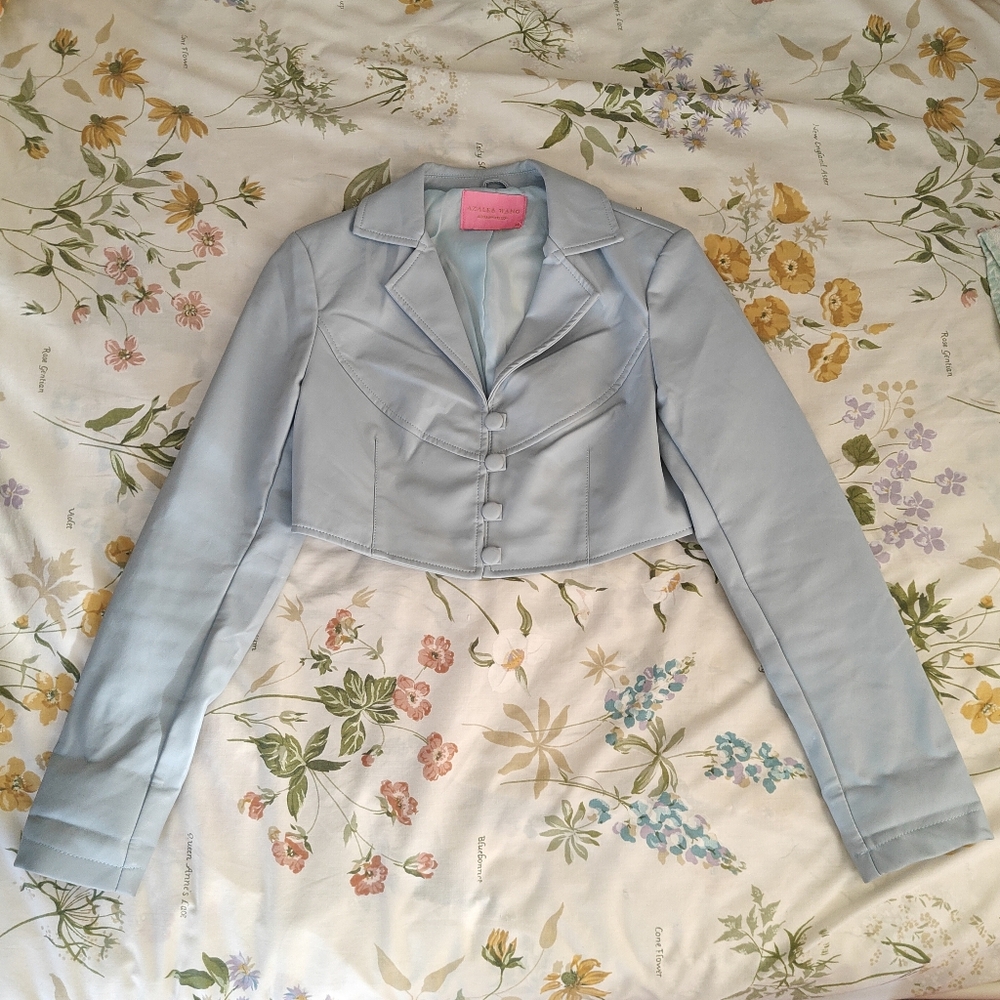 Blue faux leather cropped blazer jacket